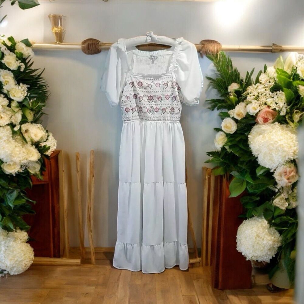 Pologram White Peasant Cottage Core Midi Dress Embroidered‎ Size M Anthropologie